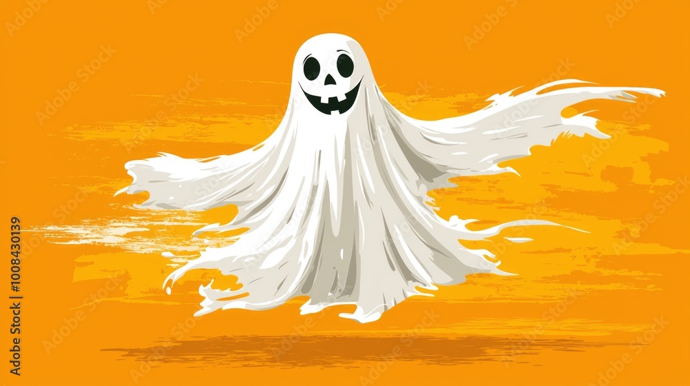 Playful cartoon ghost with a cheerful smile on an orange background Playful cartoon ghost with a cheerful smile on an orange background