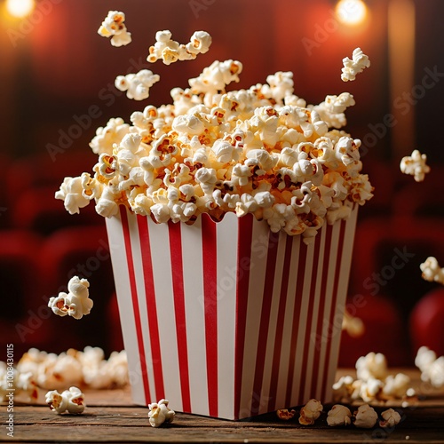 Classic red and white popcorn box overflowing with buttery popcorn, with pieces flying out, set against a cozy, blurred theater backdrop in warm, inviting lighting