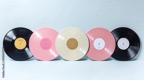 Colorful vinyl records arranged in a stylish display photo