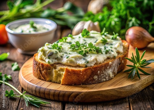 Creamy Cheese and Herb Butter Spread on Rustic Bread with Fresh Herbs and Ingredients Surrounding It