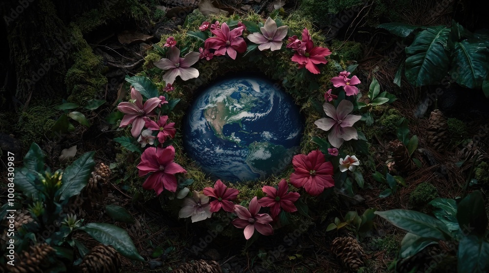 Obraz premium Earth surrounded by vibrant flowers in a lush forest setting