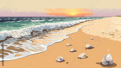 Calm waves gently lap the shore of a sandy beach at sunset, with scattered seashells.