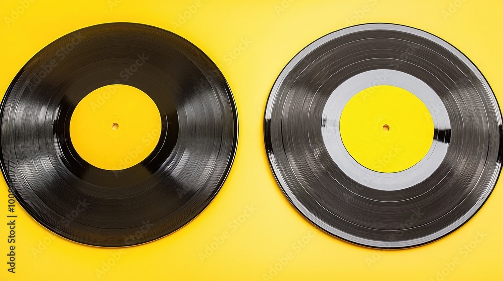 Vinyl records on a vibrant yellow background Vinyl records on a vibrant yellow background