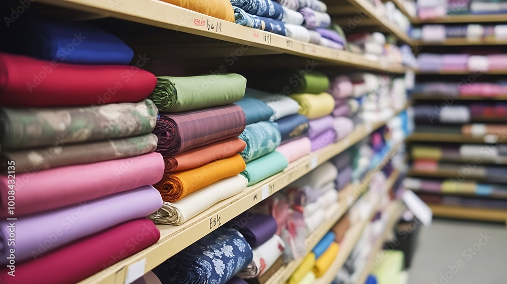 Colorful Fabric Rolls Stacked on Wooden Shelves in a Fabric Store
