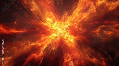 Abstract fire and smoke explosion with red and yellow colors glowing intensely. Flames radiate from the center, creating a powerful, vivid scene.