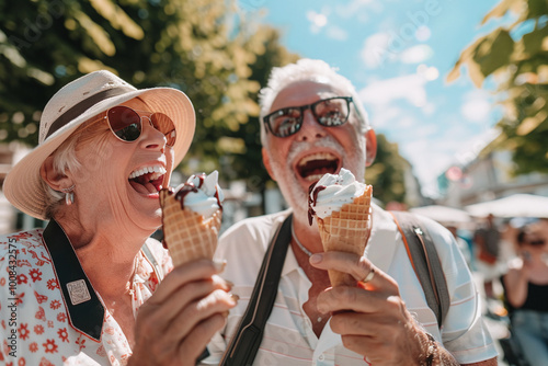 A older man and woman are eating ice cream.