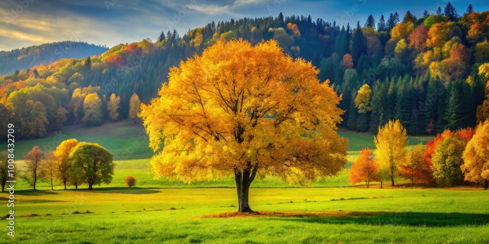 A striking yellow autumn tree stands tall in a lush green field, encircled by a kaleidoscope of colorful autumn leaves and foliage in vibrant hues. A striking yellow autumn tree stands tall in a lush green field, encircled by a kaleidoscope of colorful autumn leaves and foliage in vibrant hues.