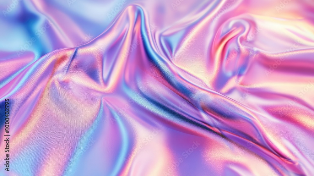 Fototapeta premium Abstract holographic background with metallic foil texture. Shiny spectrum colors in pink, violet, and blue, creating fluid, blurred patterns.