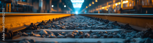 Photo - Empty Railroad Tracks At Sunset Leading To Blurred City Lights photo