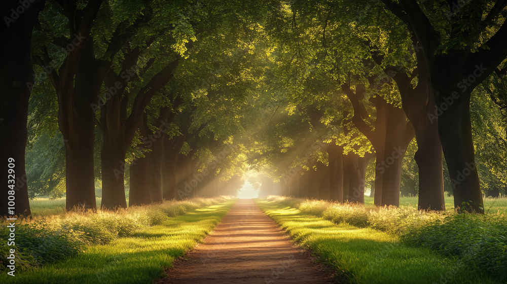 Fototapeta premium Golden Sun Rays Through Dense Tree Lined Pathway in Early Morning