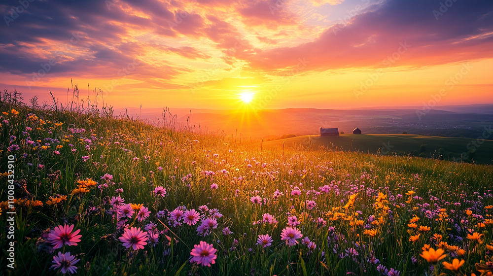Fototapeta premium Sunset Over A Flowering Meadow With Soft Light And Distant Barn Natural Serenity At Dusk