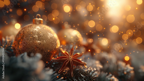 Illustration AI golden christmas ornament with star anise and festive bokeh. Christmas, celebration.