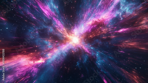 Fiery Cosmic Explosion with Purple and Blue Nebula Expanding Through Space