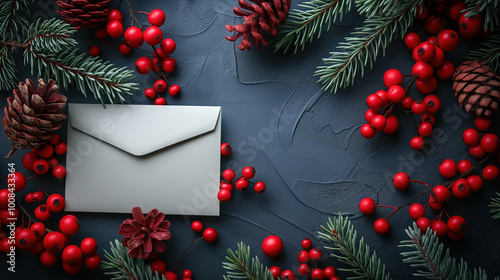 Illustration AI christmas envelope with pine branches and red berries on dark background. Christmas.
