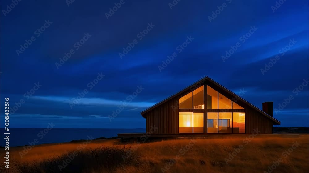 A modern house with large windows, set by the ocean under a cloudy twilight sky, surrounded by grassy land. A modern house with large windows, set by the ocean under a cloudy twilight sky, surrounded by grassy land.