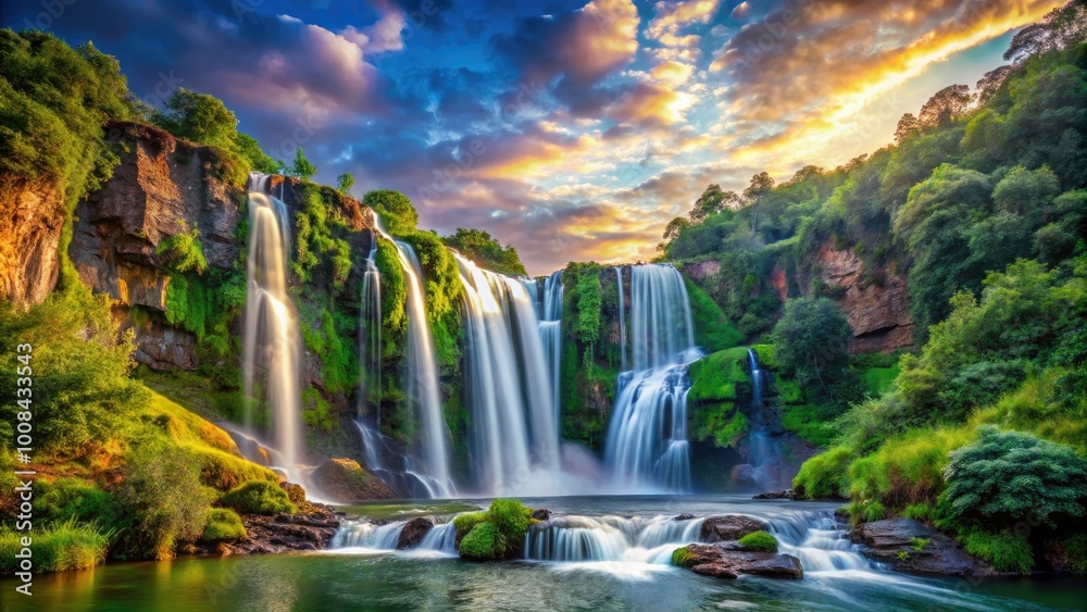 A stunning waterfall tumbles gracefully from a rugged cliff, enveloped by vibrant greenery and untouched natural beauty, creating a breathtaking and serene landscape scene. A stunning waterfall tumbles gracefully from a rugged cliff, enveloped by vibrant greenery and untouched natural beauty, creating a breathtaking and serene landscape scene.
