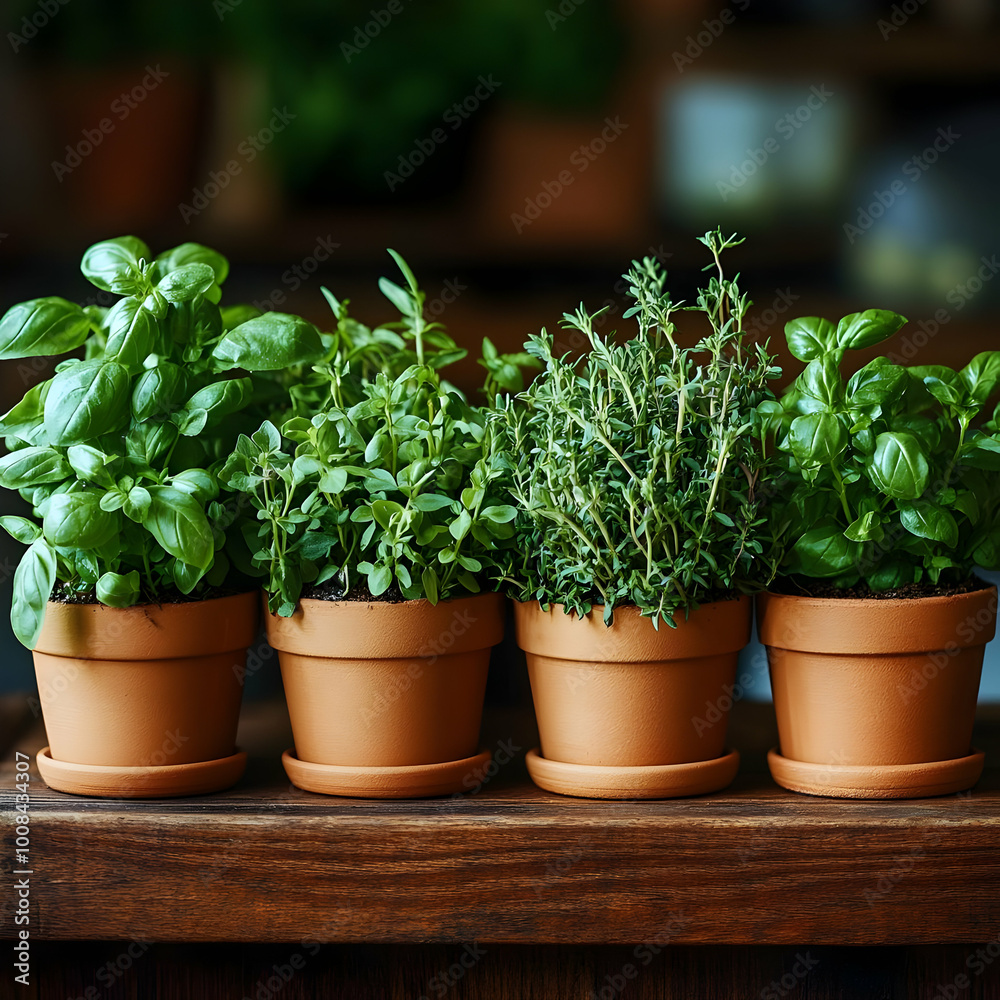 Photo of Fresh Herbs in Terracotta Pots on Wooden Table Photo of Fresh Herbs in Terracotta Pots on Wooden Table
