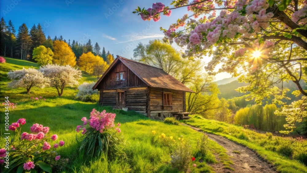A tranquil spring scene showcases an aged wooden house enveloped by lush greenery and colorful blossoms, creating a picturesque harmony of nature and rustic charm. A tranquil spring scene showcases an aged wooden house enveloped by lush greenery and colorful blossoms, creating a picturesque harmony of nature and rustic charm.