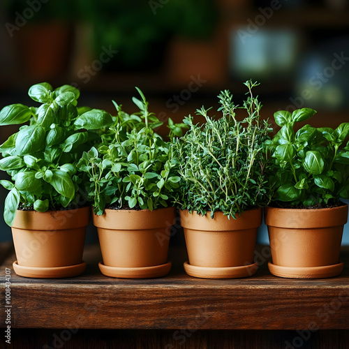 Photo of Fresh Herbs in Terracotta Pots on Wooden Table