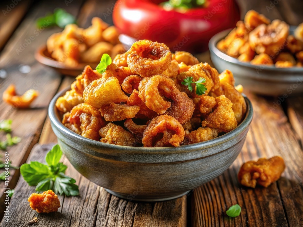 Crispy Fried Pork Cracklings Served in a Bowl Ready to Enjoy as a Snack or Topping for Dishes Crispy Fried Pork Cracklings Served in a Bowl Ready to Enjoy as a Snack or Topping for Dishes
