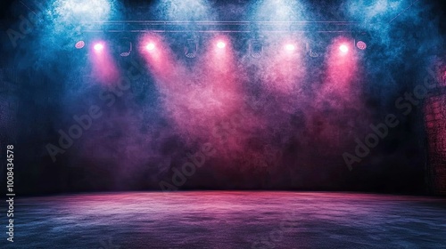 An empty stage with bold lighting, multiple spotlights focusing on the stage floor, while the surrounding darkness enhances the dramatic and mysterious atmosphere.