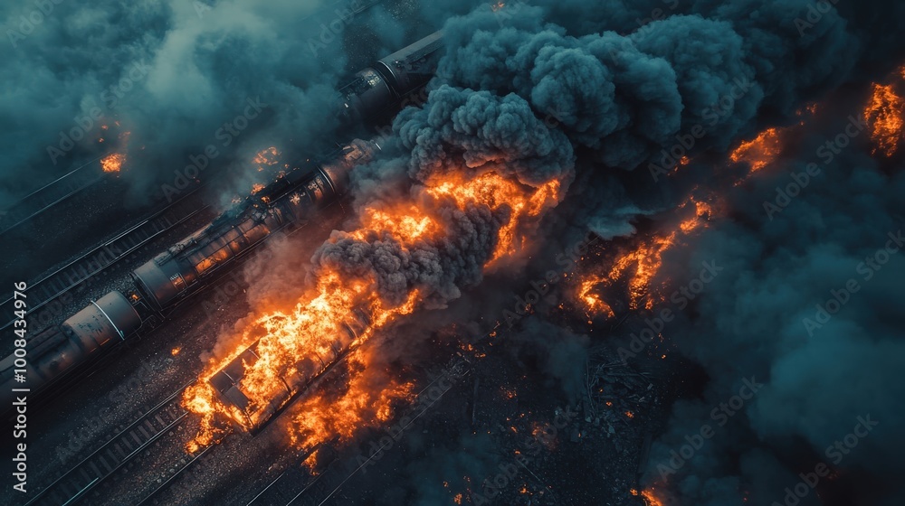 Train Derailment with Flames and Smoke, Aerial Disaster Scene Train Derailment with Flames and Smoke, Aerial Disaster Scene