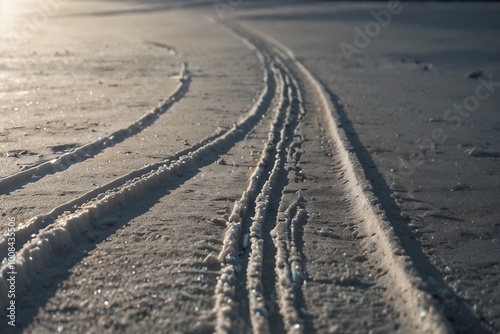 Ski tracks in close-up style in sunlit snow representing winter adventure [with copy space]