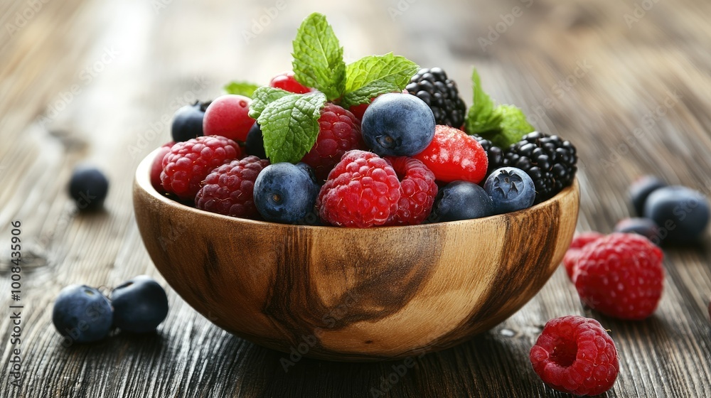 Assorted fresh berries in a wooden bowl, garnished with mint sprigs, resting on a rustic wooden surface with soft natural lighting. Assorted fresh berries in a wooden bowl, garnished with mint sprigs, resting on a rustic wooden surface with soft natural lighting.