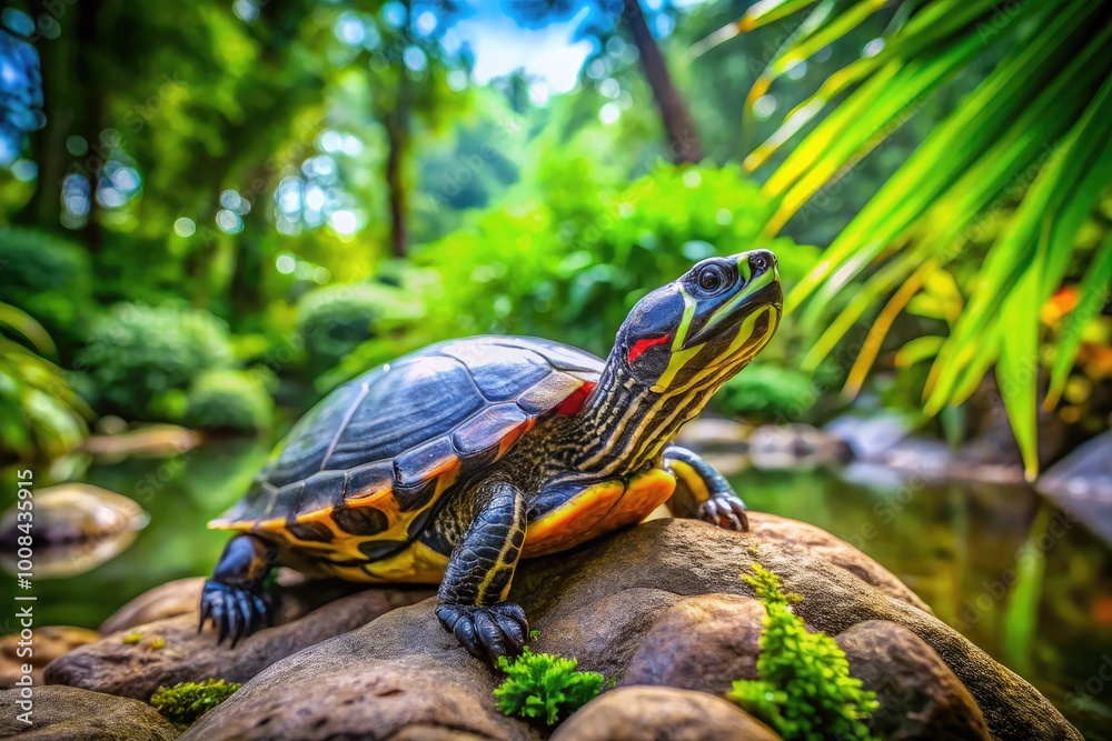 Cute and Colorful Turtle Pet Relaxing on a Rock Surrounded by Lush Greenery in a Bright Environment Cute and Colorful Turtle Pet Relaxing on a Rock Surrounded by Lush Greenery in a Bright Environment