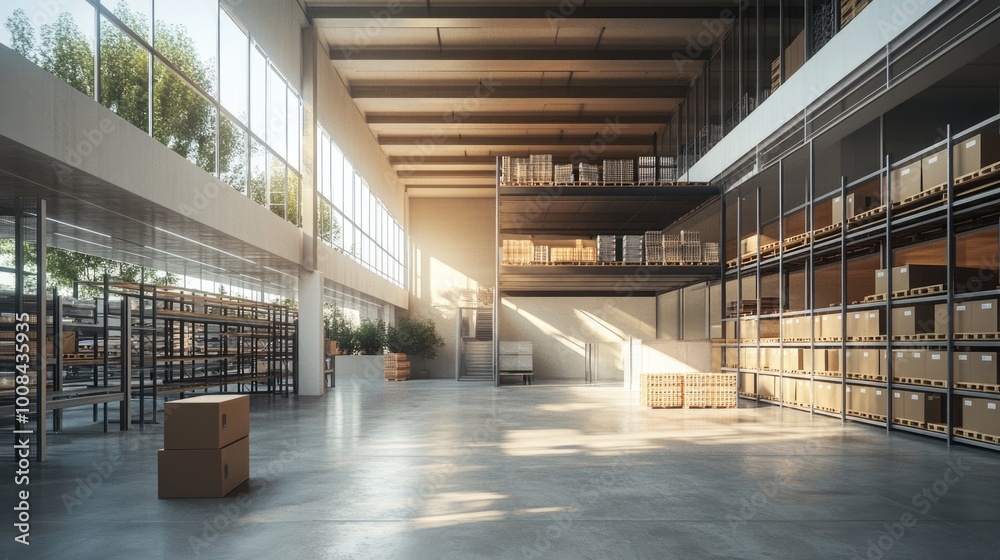 The spacious warehouse has an open plan layout, flooded with natural light through large windows, and empty shelves ready to receive goods The spacious warehouse has an open plan layout, flooded with natural light through large windows, and empty shelves ready to receive goods