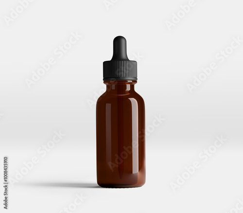 Realistic Brown Glass Dropper Bottle Mockup with Black Cap Isolated on Light Background. 3D rendered, Illustration, Mockup Ready, can be used for Cosmetics, Natural, Beauty, Spa Products.