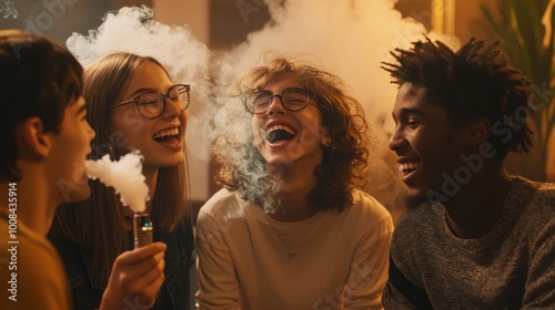 Young Friends Enjoying Laughter and Vaping Together