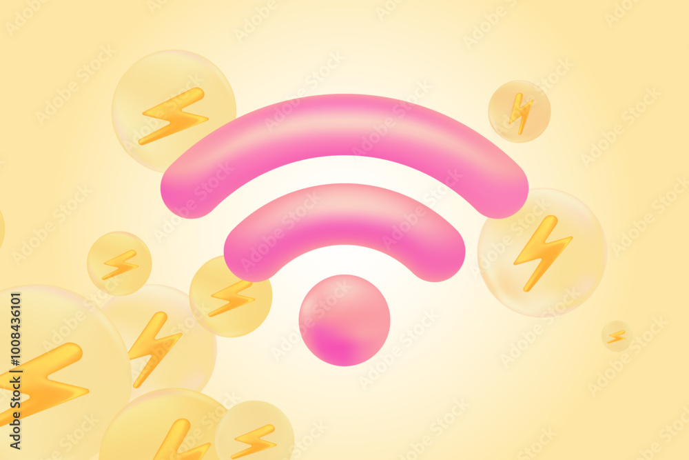 Obraz premium Cute 3D pink wifi icon, wireless free internet zone background. Glowing plastic texture internet network icon for infographics, presentation