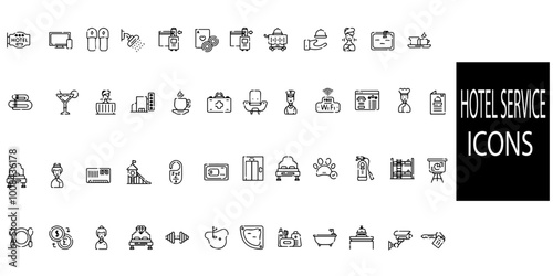 Hotel service linear 48 icons collection. Vector illustration.