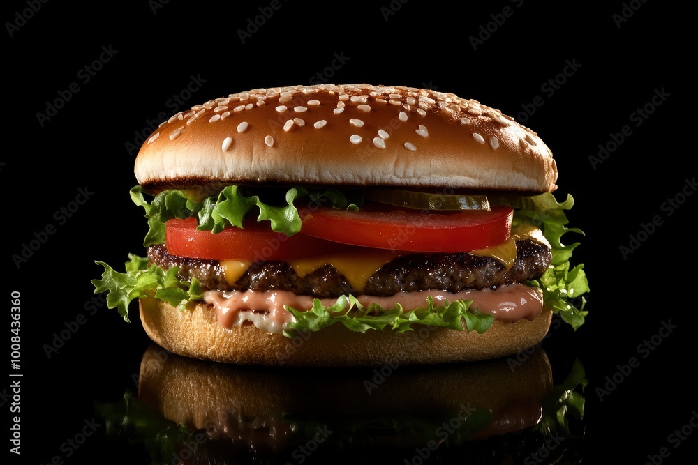Big tasty burger on a dark background. Fast food, street food, American food - generative ai Big tasty burger on a dark background. Fast food, street food, American food - generative ai