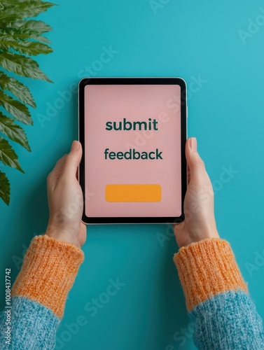 A hand pressing a  submit feedback  button on a touchscreen, representing customer interaction, background with natural light with space for text