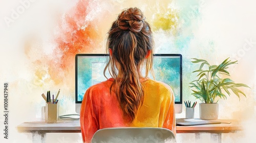 Woman Working on Computer with Colorful Background photo