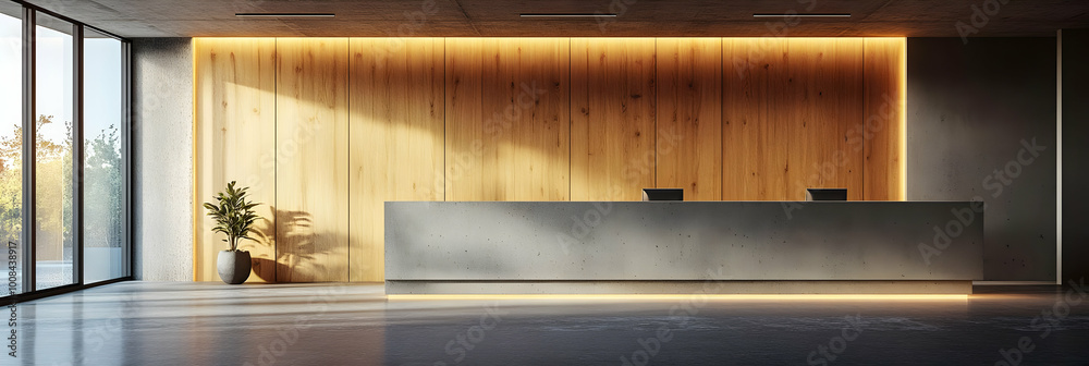 Modern Hotel Reception Illustration: Concrete and Wood Design Modern Hotel Reception Illustration: Concrete and Wood Design