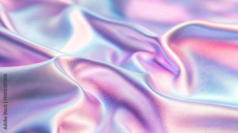 Obraz premium Blurred holographic backdrop in soft pastel pink and blue. Metallic sheen with gradient light reflections, perfect for dreamy or tech-inspired designs.