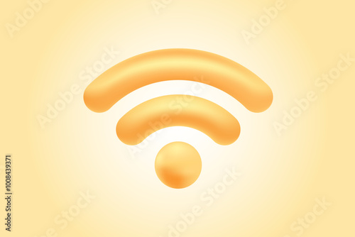 Cute 3D yellow, gold wifi icon, wireless free internet zone background. Glowing plastic texture internet network icon for infographics, presentation