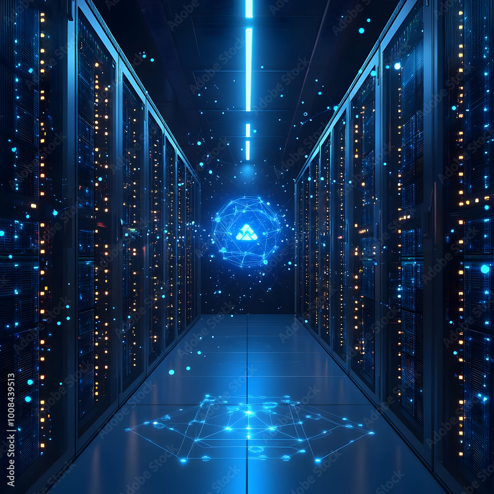 3D Illustration - Futuristic Data Center Network Servers Cloud