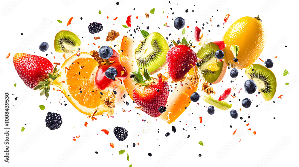 Fruits bursting open with unexpected objects or abstract elements inside Fruits bursting open with unexpected objects or abstract elements inside
