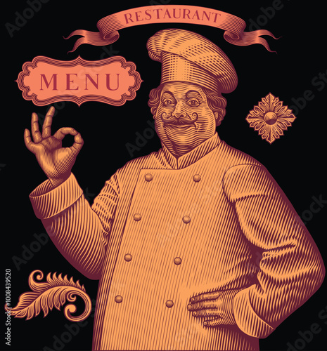 Cook. Editable hand drawn illustration. Vector vintage engraving. Isolated on black background. 8 EPS