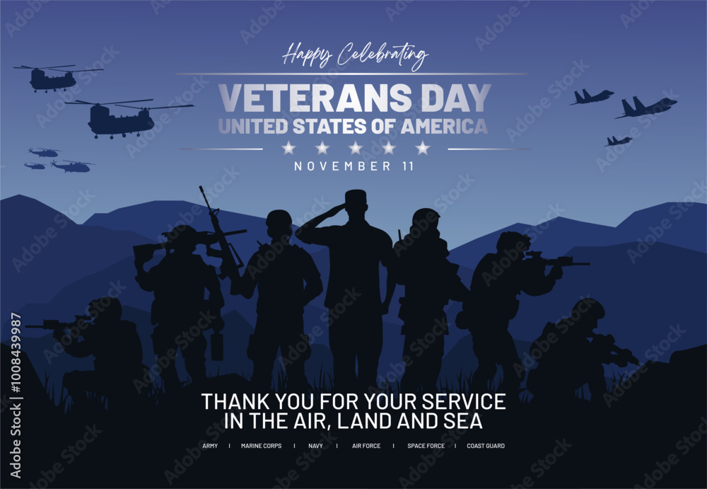 Happy Veterans Day 2024 Design Concept. US Armed Forces Silhouette on the Beautiful Valley.  Honoring All Who Served. Veterans Day Celebration November 11 Background, Banner, Template, Poster.