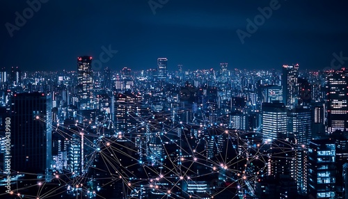 Concept of network connections in a digital cityscape at night, highlighting smart city tech.