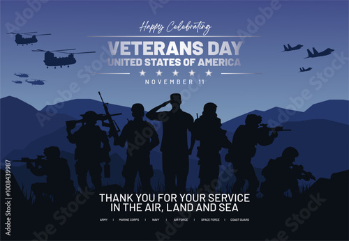 Happy Veterans Day 2024 Design Concept. US Armed Forces Silhouette on the Beautiful Valley.  Honoring All Who Served. Veterans Day Celebration November 11 Background, Banner, Template, Poster.