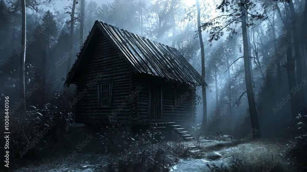 A small wooden cabin sits in a foggy forest on a dark, misty day A small wooden cabin sits in a foggy forest on a dark, misty day