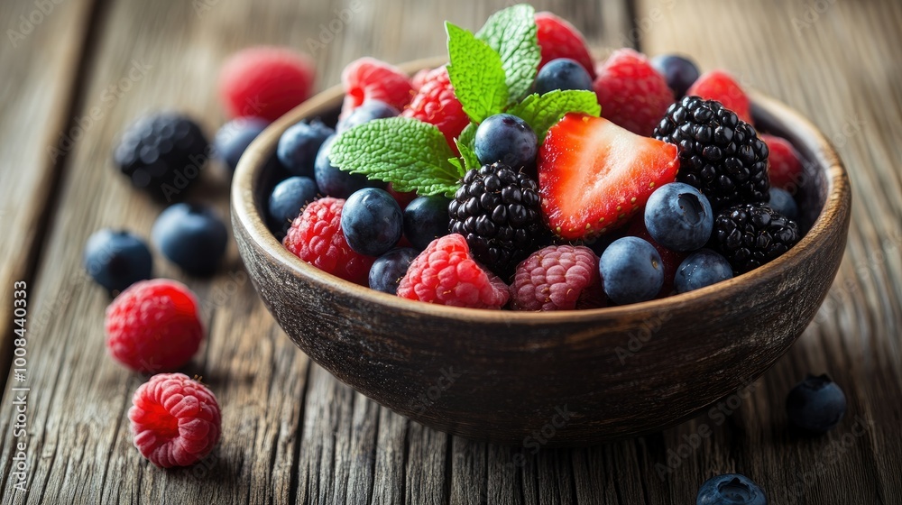 Bowl of mixed berries--strawberries, blackberries, raspberries, and blueberries--garnished with mint, sitting on a weathered wooden table for a natural look. Bowl of mixed berries--strawberries, blackberries, raspberries, and blueberries--garnished with mint, sitting on a weathered wooden table for a natural look.