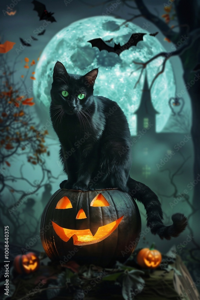 Black Cat on Jack-O'-Lantern with Full Moon Background