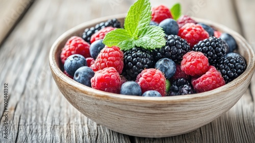 Bowl of mixed berries--strawberries, blackberries, raspberries, and blueberries--garnished with mint, sitting on a weathered wooden table for a natural look.